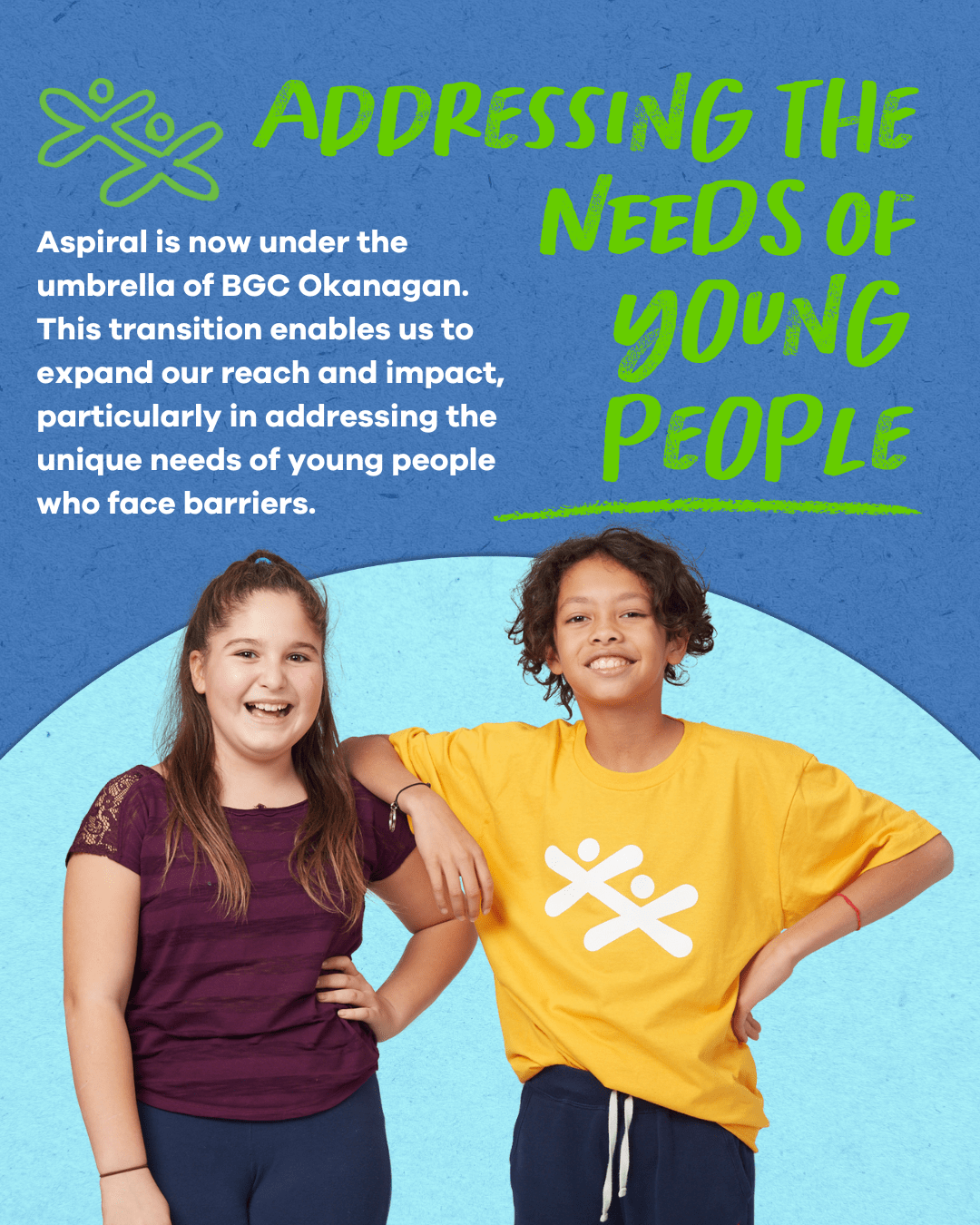 A written message about Aspiral now becoming BGC Okanagan. There is a photo of two teens.