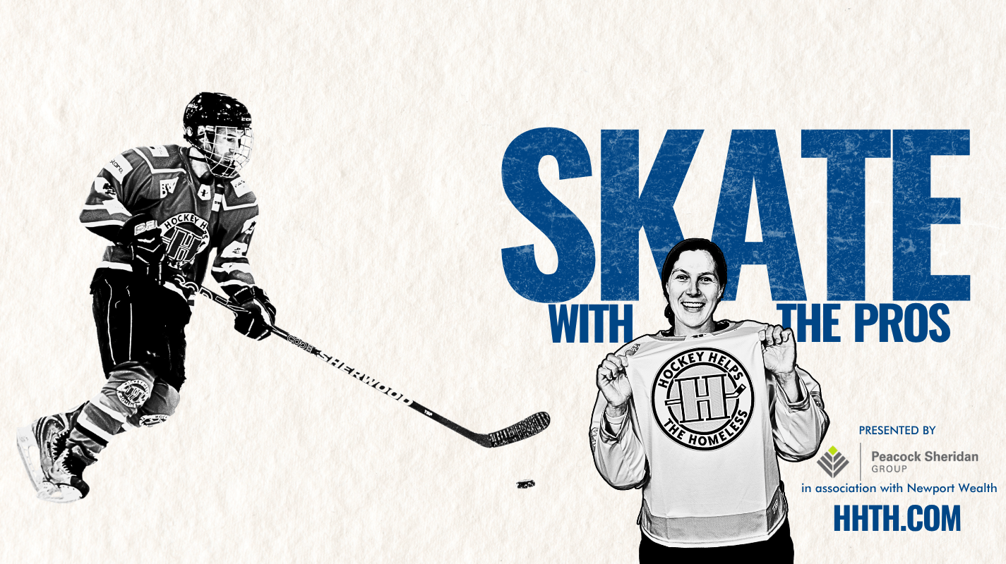 The following graphic shows two hockey players, one skating with the puck and the other pulling the crest of their jersey forward with the purpose to show off the name Hockey Helps the Homeless. Behind the player holding the jersey is the text Skate with the Pros. As well, the logo of the sponsors of the event.